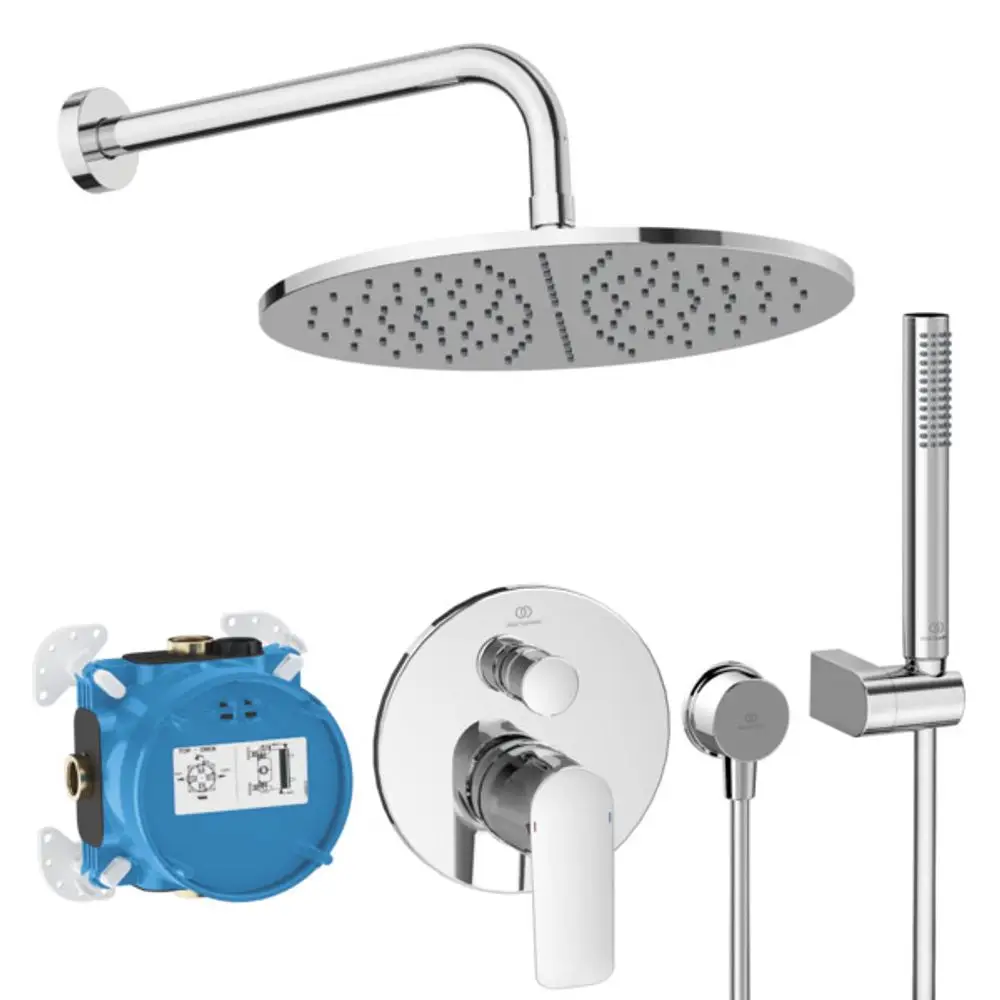 Chromfarbenes Duschset von Ideal Standard, bestehend aus einer großen Regenbrause, einer Handbrause, einem Wandgriff und einem Verbindungsblock.